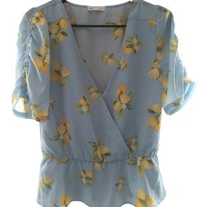 Socialite Light Blue Lemon Print Blouse Size M
